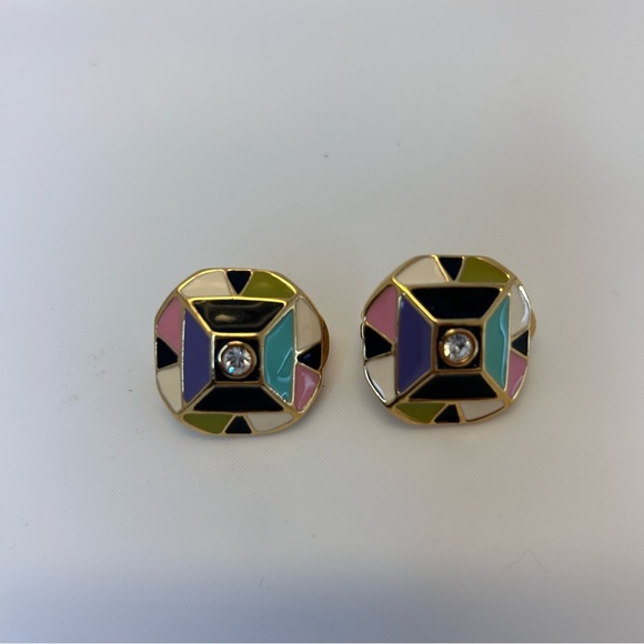 Gold Tone Geometric Shaped Enamel Clip On Earrings - Picture 9 of 10